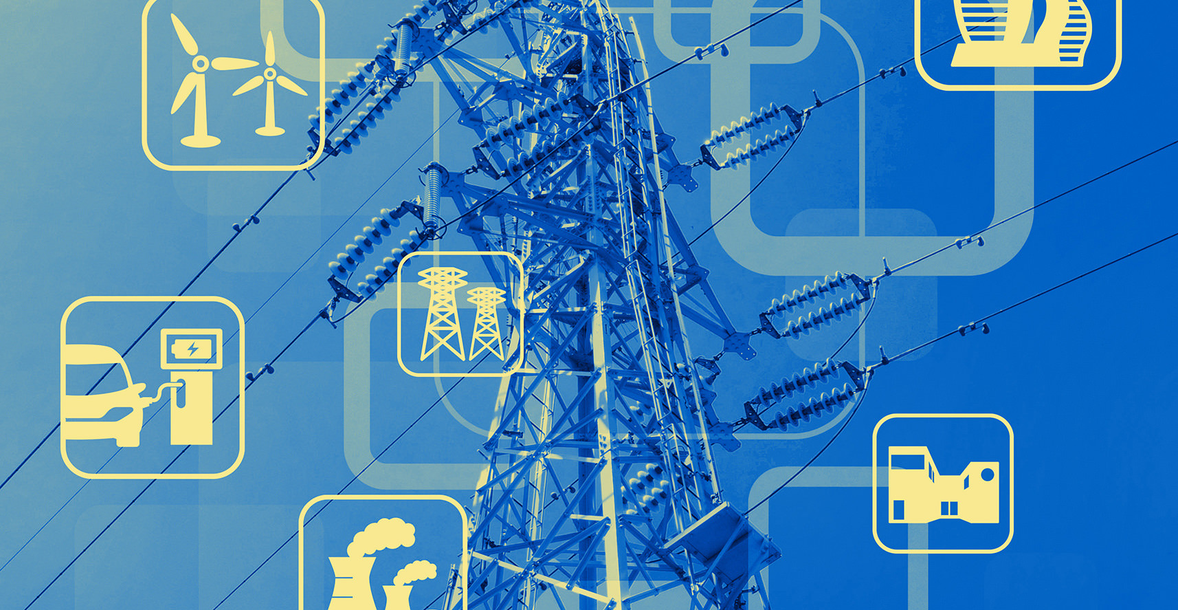 duo tone graphic of power transmission tower and smart energy, smart grid, renewable energy icons, abstract image visual